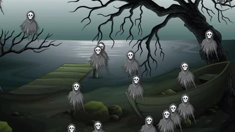 Spooky Animated Ghosts Floating Near a Dark Lake and Old Boat 스톡 동영상 342100212