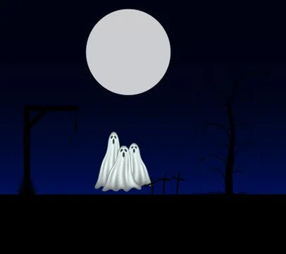 Spooky background with three ghosts standing in the cemetery Stock Illustration