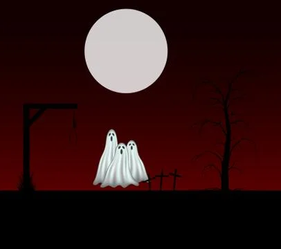 Spooky background with three ghosts standing in the cemetery Stock Illustration