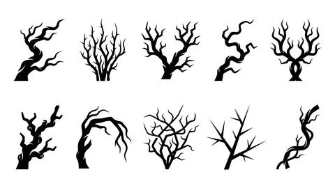 Spooky bare tree branch silhouettes isolated on white background for gothic.. Stock Illustration
