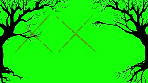 Spooky bare tree silhouettes repeating pattern animated over bright green Stock Footage 340610742