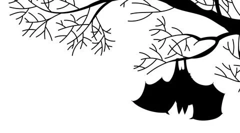 Spooky bat hanging upside down on tree branch, black silhouette, flat vector Stock Illustration