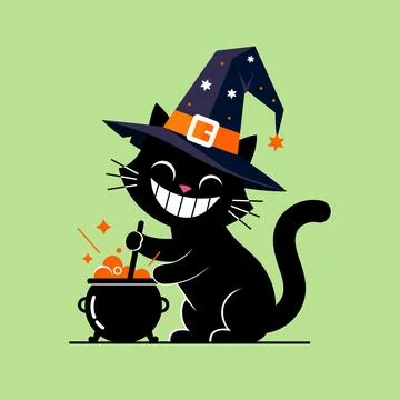 Spooky black cat in witch hat stirring pot for halloween fun vector Stock Illustration