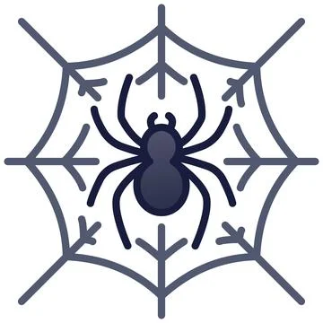 Spooky black spider on cobweb flat outline icon for halloween. Stock Illustration