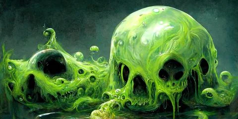 Spooky blue slime in the form of bubbles in a slime bath with bubbles. Stock Illustration