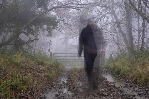 A spooky blurred ghostly figure. Walking in a forest on a foggy, winters day. Foto stock