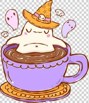 Spooky Cafe Halloween Ghost Witch soak in Coffee Cup Hand Drawn Doodle Stock Illustration