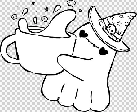 Spooky Cafe Halloween Outline Ghost Witch Hug Coffee Cup Hand Drawn Black a.. Stock Illustration