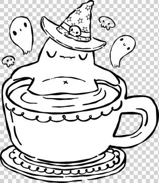 Spooky Cafe Halloween Outline Ghost Rest in Coffee Cup Hand Drawn Black and.. Stock Illustration