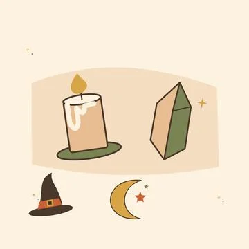 Spooky candle with crystals and a witch hat. Decorative flat vector compositi Stock Illustration