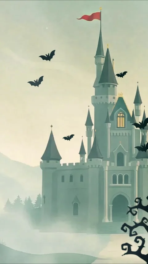 Spooky Castle and Bare Tree - Atmospheric Halloween Animation Stock Footage 305728842