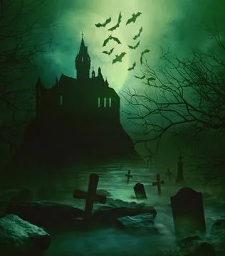 Spooky castle with eerie graveyard down below Stock Photos