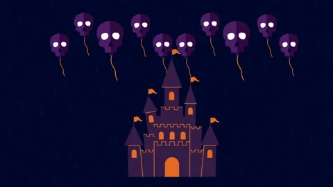 Spooky Castle with Floating Skull Balloons for Halloween Stock Footage 331050168