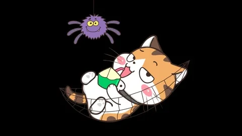 Spooky Cat Resting in Spider Web Hammock - Transparent Background Stock Footage 282418291