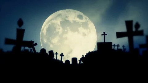 Spooky Cemetery with Crows Standing on Graves on Full Moon Background Stock Footage 72659197