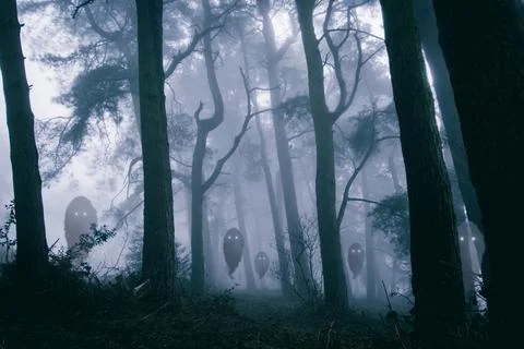 A spooky concept of a cute floating ghosts with glowing eyes Stock Photos