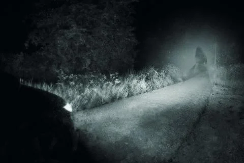 A spooky concept. Of an out of focus, blurred ghostly woman wearing a dress, Stock Illustration