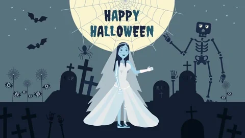 Spooky Corpse Bride and Skeleton Halloween Graveyard Scene. Stock Footage 318346019