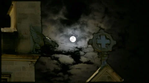 Spooky Dramatic Gothic Church Cross Tower Full Moon Scary Clouds Stock Footage 8548751