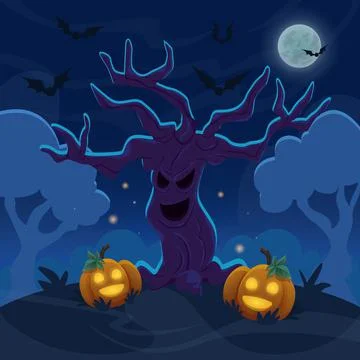 Spooky evil old tree on the hill at nigt forest. Halloween cartoon illustration Stock-Illustration