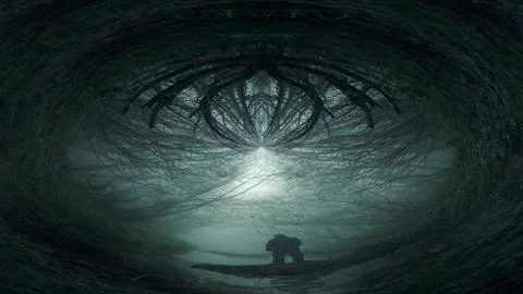 A spooky figure, back to camera, reflected in a forest stream. Stock Photos