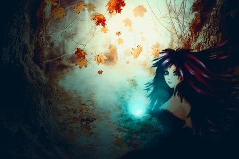 Spooky Forest and Dark Witch Stock Illustration
