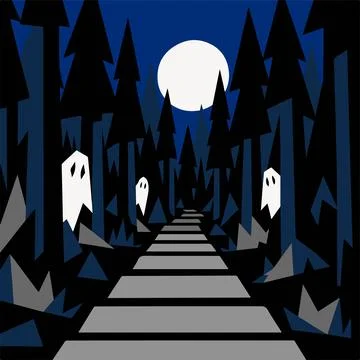 Spooky forest path with ghosts under full moon light Ilustração Stock