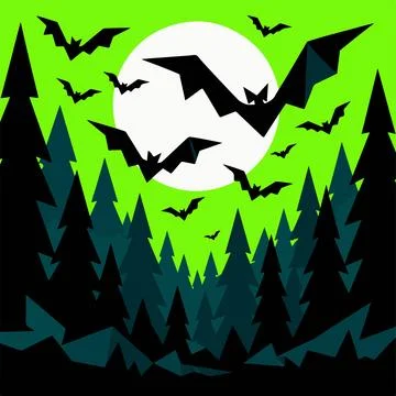 Spooky forest scene with silhouetted trees bats and moon on bright green ba.. Stock Illustration