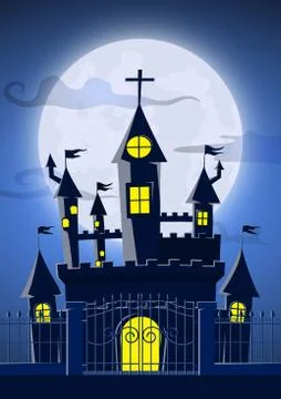 Spooky ghost castle with full moon in background Stock Illustration