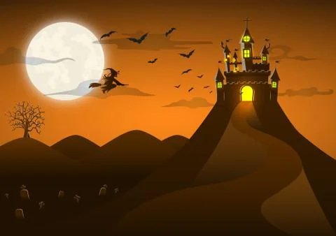 Spooky ghost castle on the hill with full moon Illustrazione stock