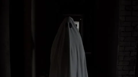 Spooky ghost figure appears in dim corridor, white fabric catches faint light Stock Footage 320247862