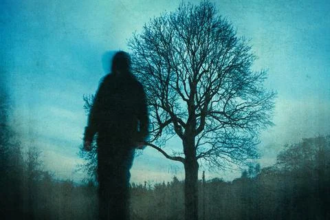 A spooky ghost figure. Walking towards the camera. On a bleak winters day Stock Illustration