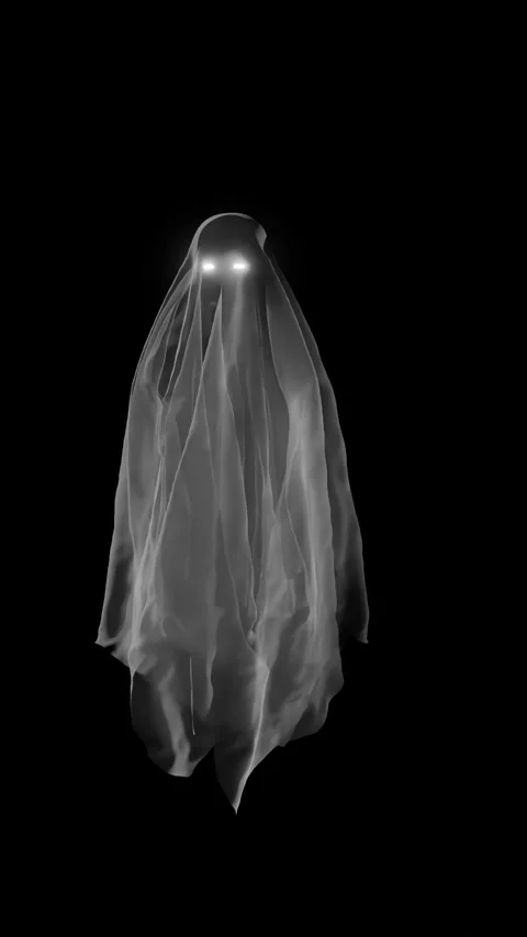 Spooky Ghost Figure in White Cloth on Black Background Vídeos de archivo 343800383