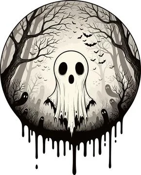 Spooky Ghost Forest Scene with Dripping Effect - Halloween Illustration Illustrazione stock