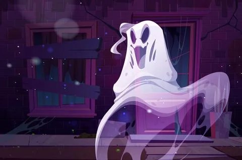 Spooky ghost at haunted house facade, funny spook Ilustración de archivo