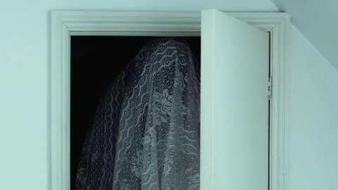 A spooky ghost with a sheet over them. Standing in a closet with door open. Stock Photos