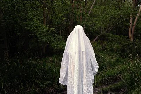 A spooky ghost with a white sheet. Standing in a forest Stock Photos