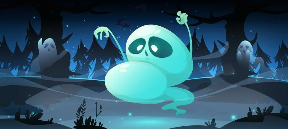 Spooky ghosts in dark forest at night Stock Illustration