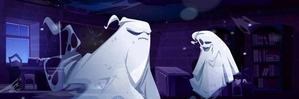 Spooky ghosts in old magic school classroom Stock Illustration