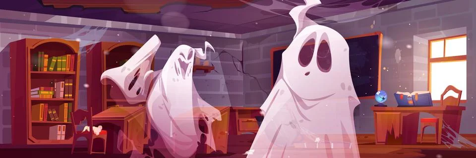 Spooky ghosts in old magic school classroom Stock Illustration