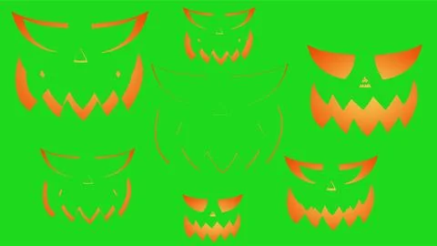 Spooky glowing jack o lantern pumpkin faces set on green screen background .. Stock Illustration