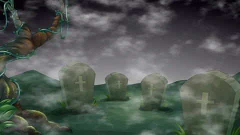 Spooky Graveyard Animation with Drifting Clouds and Eerie Mist Stock Footage 341839095