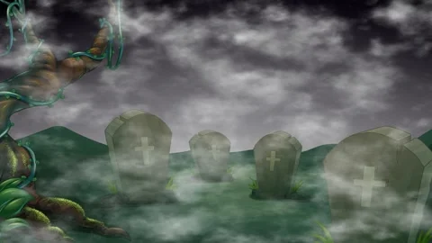Spooky Graveyard Animation with Drifting Fog and Cloudy Night Sky Stock Footage 345313754
