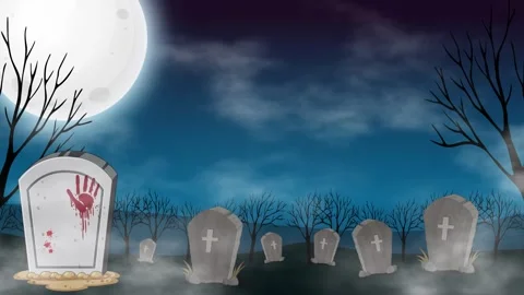 Spooky Graveyard Animation with Full Moon and Drifting Clouds Vídeo Stock 339754400