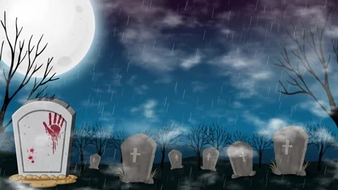 Spooky Graveyard Animation with Rain and Full Moon at Night Stock Footage 345038077