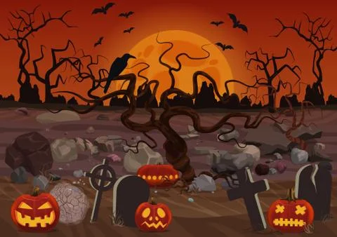 Spooky graveyard flat vector background Illustrazione stock