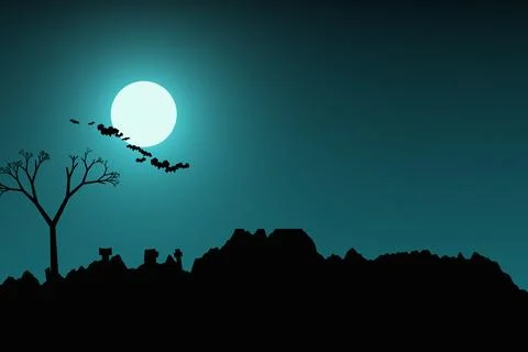 Spooky graveyard with full moon and flying bats in teal sky for eerie holid.. 库存插图