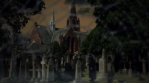 Spooky Graveyard Ghostly Figure Zoom In Spiderweb Stormy Sky Stock Footage 244707284