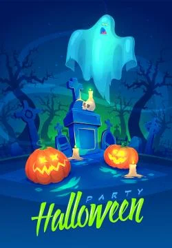Spooky graveyard. Halloween cardposter. Vector illustration Stock Illustration