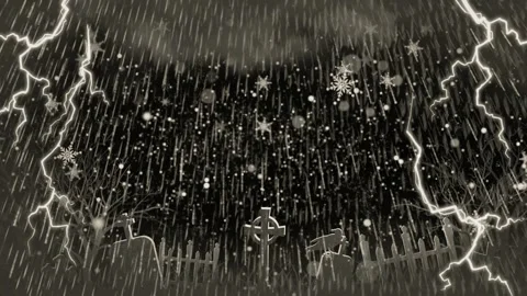 Spooky graveyard with lightning strikes and falling snow in a dark winter storm Video stock 338997824